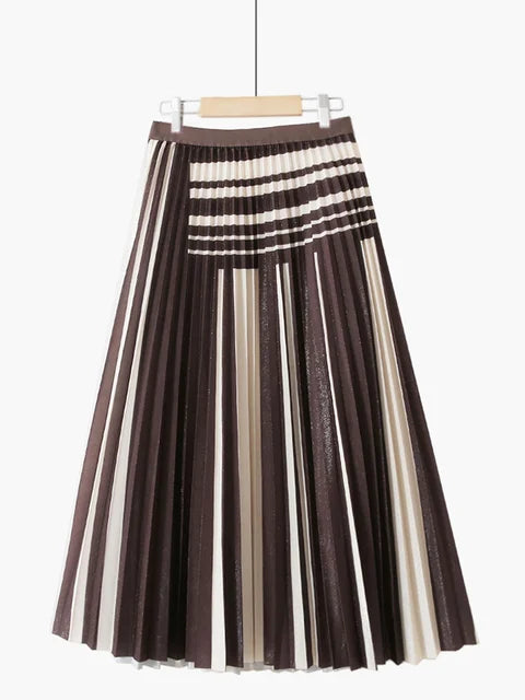 XFPV 2023 New Autumn Summer Fashion Korean Shiny Simple Elegant Pleated Striped Stitching Slim Mid-length Pleated Skirt SM1972