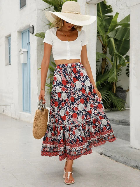 Jastie Boho Retro Floral Print Skirts Women 2022 Summer High Waist A-Line Pleated Long Skirts Casual Holiday Beach Skirt