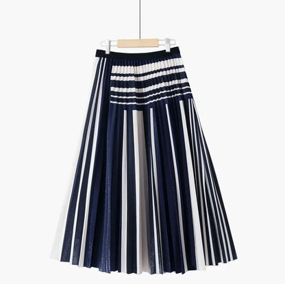 XFPV 2023 New Autumn Summer Fashion Korean Shiny Simple Elegant Pleated Striped Stitching Slim Mid-length Pleated Skirt SM1972
