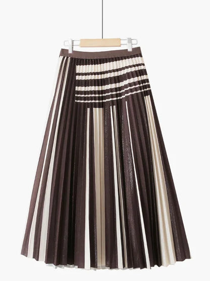 XFPV 2023 New Autumn Summer Fashion Korean Shiny Simple Elegant Pleated Striped Stitching Slim Mid-length Pleated Skirt SM1972