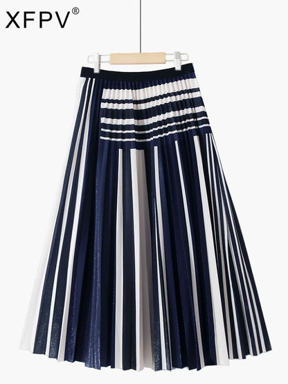 XFPV 2023 New Autumn Summer Fashion Korean Shiny Simple Elegant Pleated Striped Stitching Slim Mid-length Pleated Skirt SM1972
