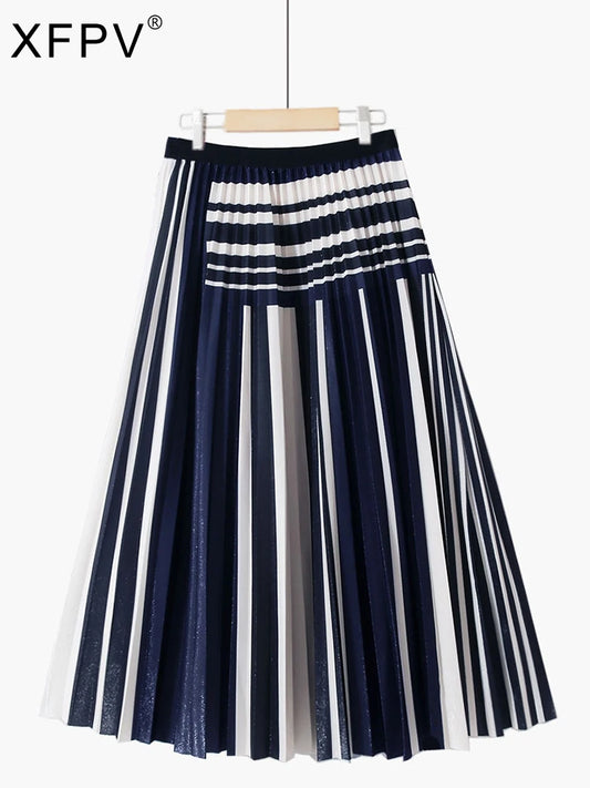 XFPV 2023 New Autumn Summer Fashion Korean Shiny Simple Elegant Pleated Striped Stitching Slim Mid-length Pleated Skirt SM1972