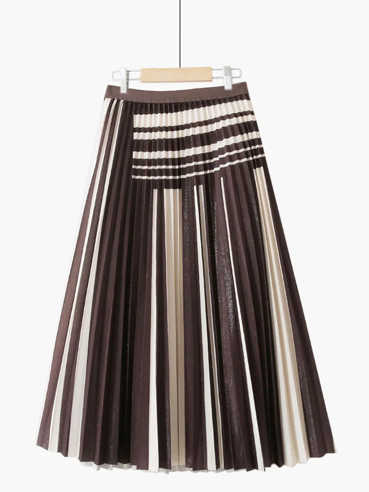 XFPV 2023 New Autumn Summer Fashion Korean Shiny Simple Elegant Pleated Striped Stitching Slim Mid-length Pleated Skirt SM1972