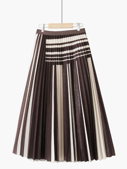 XFPV 2023 New Autumn Summer Fashion Korean Shiny Simple Elegant Pleated Striped Stitching Slim Mid-length Pleated Skirt SM1972